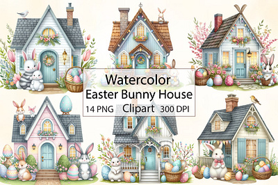 Watercolor Easter Bunny House Clipart animation branding design girlfriend graphic design illustration logo motion graphics retro t shirt design ui vector