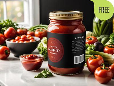 Free Clear Glass Jar with Tomato Sauce Mockup. AI Generated bbq cap catsup chili food free freebie glass jar ketchup label lid mockup pack package salsa sauce spice tabasco tomato