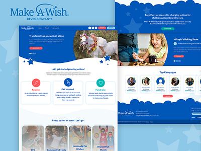 Make-A-Wish Site Design blue clouds custom theme donordrive dreamy fantasy fundraising graphic design make a wish non profit stars theme ui ui design unicorns visual design web web design website