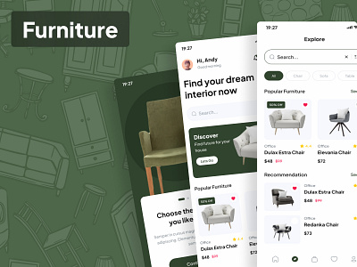 Furniture App 2024 app application design door figma furniture green illustration mockup sofa trending typography ui ux