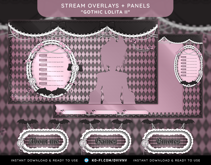 ♰🎀 "Gothic Lolita II" Stream Overlays + Panels 🎀♰ cute stream overlay free stream stream graphics stream overlay twitch twitch design twitch graphics twitch overlay