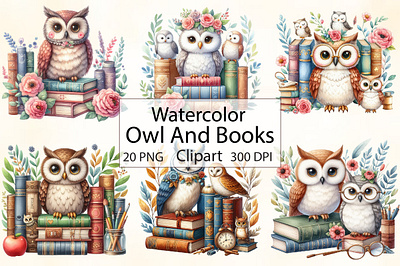 Watercolor Owl and Books Clipart animation branding design girlfriend graphic design illustration logo motion graphics retro t shirt design ui vector