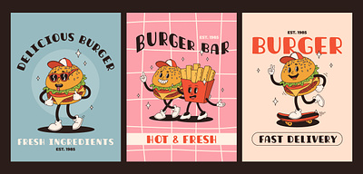 Retro burger poster set burger cartoon character concept delivery design fastfood funky groovy illustration mascot poster retro vector