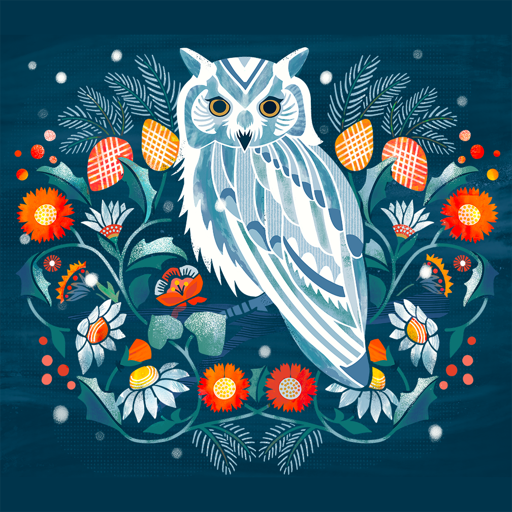 Snowy Owl bird christmas design drawing floral flowers forest graphic design hand drawn holiday illustration night owl painting pinecone snow snowy white winter
