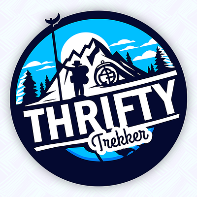 Thrifty Trekker Logo Design branding climber design drawing graphic design hike hiking illustration logo mountain trail trek treking trekker vector