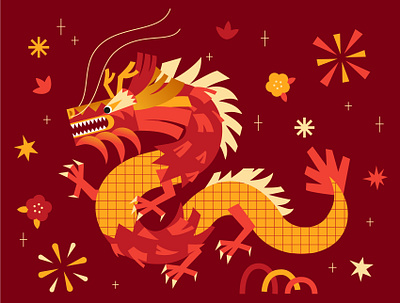 Dragon for Lunar New Year 2024 abstract asia cartoon chinese cute design dragon flat geometric gold illustration lunar new year red