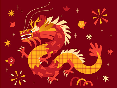 Dragon for Lunar New Year 2024 abstract asia cartoon chinese cute design dragon flat geometric gold illustration lunar new year red