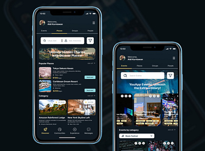Travel Mobile App aesthetic concept dark mode design event innovative mobile responsive travel ui mobile user journey ux research vacation wireframe