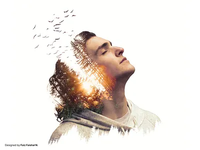Double Exposure Image - forest & man adobe design adobe photoshop air bird calm cool design double exposure forest forest with bird forest with man idn boarding school image image editing image manipulation man wind
