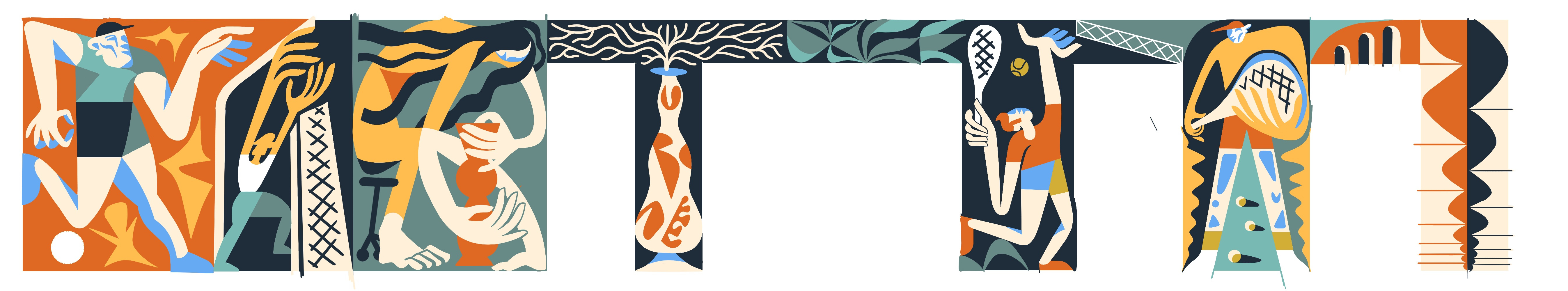 Youth centre mural design art astronomy breakdance drums hiking illustration mural music saxophone skateboarding skiing soccer tennis trumpet