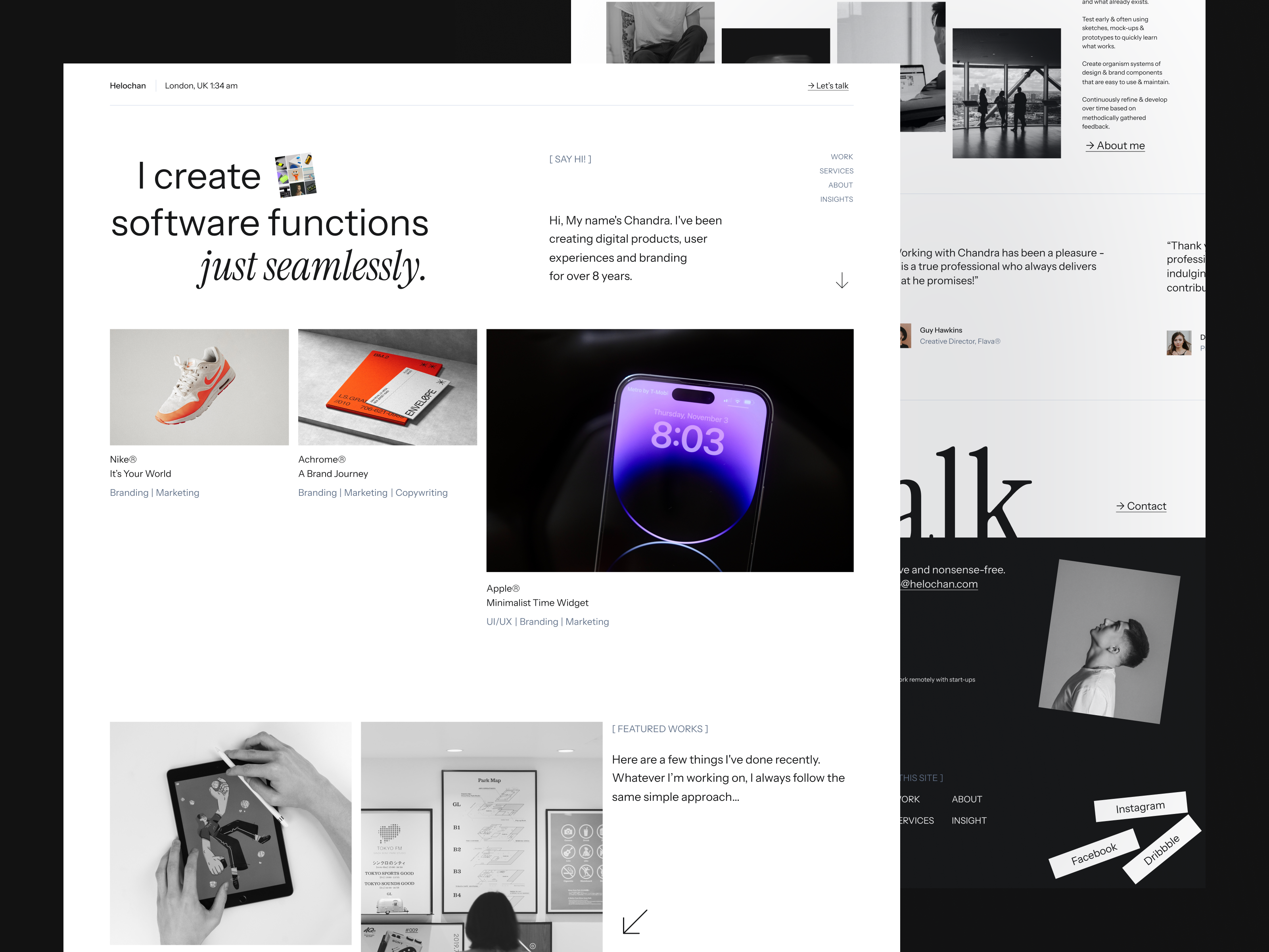 Helochan - Personal Portfolio Website (Webflow & Framer) awwards clean creative curiculum vitae cv designer framer hero homepage landingpage minimal personal portfolio resume web web design webflow website white work