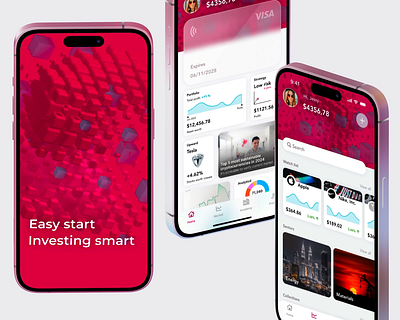 FinTech mobile app. Smart investments and learmimg how to invest 3d animation bento grid chsrts e learning finances fintech investments light ui red ui
