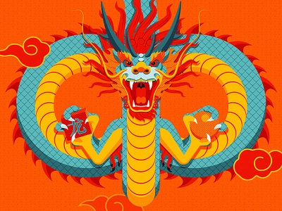 Chinese New Year, year of the Dragon - Daily Art adobe illustrator blue chinese new year claws clouds contrast daily art dragon firey flat design illustration lunar orange patterns red stylized vector vector illustration yellow