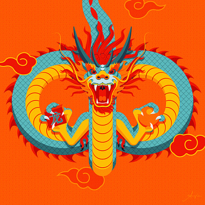 Chinese New Year, year of the Dragon - Daily Art adobe illustrator blue chinese new year claws clouds contrast daily art dragon firey flat design illustration lunar orange patterns red stylized vector vector illustration yellow