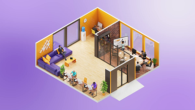 The office room where people work. 3D Isometric. Loop Animation 3d 3d isometric 3d render 3d room animated animation branding cinema 4d coworking freelance freelancer graphic design isolated isometric loop animation motion graphics office room ui working in office