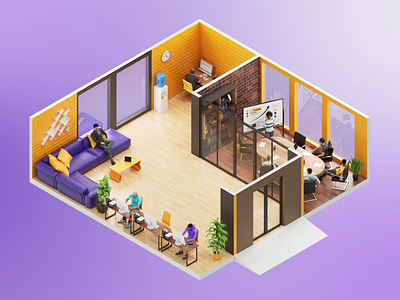 The office room where people work. 3D Isometric. Loop Animation 3d 3d isometric 3d render 3d room animated animation branding cinema 4d coworking freelance freelancer graphic design isolated isometric loop animation motion graphics office room ui working in office