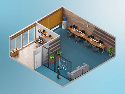 Animated Office layout, floor plan in 3D Isometric Style. 3d 3d isometric 3d room animated animation building graphic design infographic innovation isolated isometric mobile motion graphics networking plan smart smart office startup ui workspace