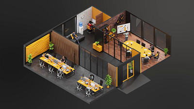 Coworking space in 3D Isometric Style. Loop Animation. 3d 3d isometric 3d room animated animation business coworking coworking space creative dark graphic design infographic isolated isometric motion graphics office office room people work workspace