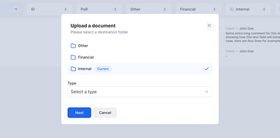 Upload documents pop up for a compliance CRM compliance crm crypto design documents finance fintech folders pop up product design select ui uiux ux web web app