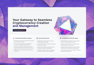 Hero section for cryptocurrency creation product 3d crypto cryptocurrency design features finance fintech hero section illustration landing product product design section ui ux web web3 website