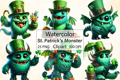 Watercolor St. Patrick's Monster Clipart pencil