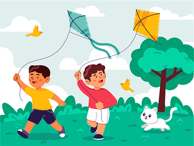 Kids Flying Kite Illustration cat childhood field flying flying kite grass field illustration kids kids illustration kite kite festival kitten park play playground playing vector