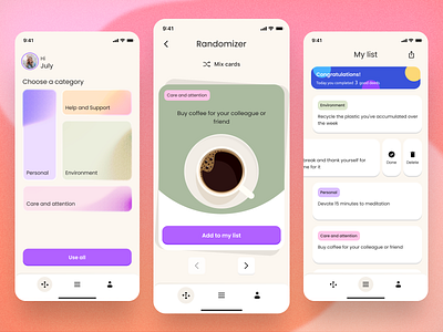 Random Act of Kindness android app cards design gradient illustration ios kindness profile relax texture ui