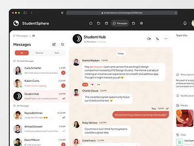 StudentSphere - Project Team Messages Dashboard chat dashboard dashboard ui group chat management messages productivity project project management sass task task management team team chat team management team messages ui ux web design
