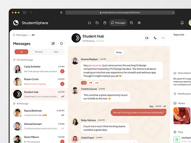 StudentSphere - Project Team Messages Dashboard chat dashboard dashboard ui group chat management messages productivity project project management sass task task management team team chat team management team messages ui ux web design