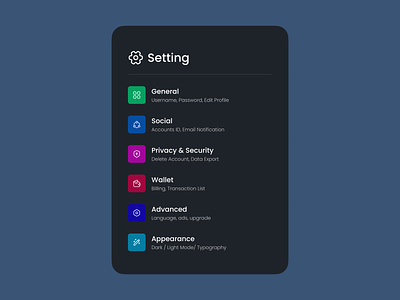 Daily UI 007 Settings category component design config daily daily ui icon list list menu minimal minimal design set setting setting page setting ui setup sort topic ui user interface wallet