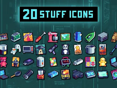Household Stuff 32×32 Icons Pixel Art 2d 32x32 art asset assets game game assets gamedev icon icone icons illustration indie indie game pack pixel pixelart pixelated rpg set