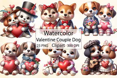 Watercolor Valentine Couple Dog Clipart pencil