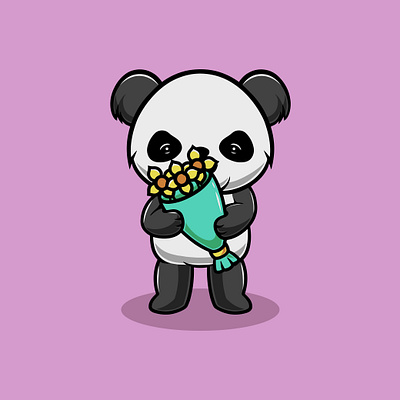 Cute panda with flower cartoon illustration bouquet