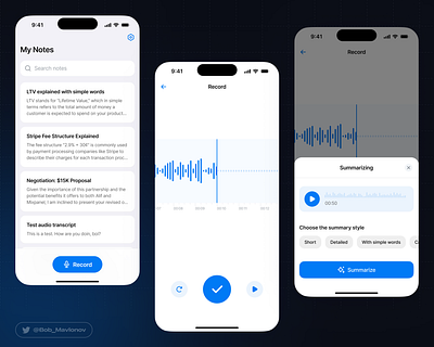 Audiopad.co - voice memos to summarized texts mobile app design mobile ui