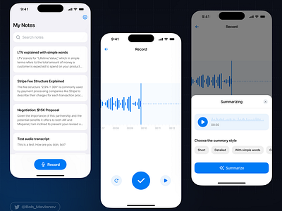 Audiopad.co - voice memos to summarized texts mobile app design mobile ui