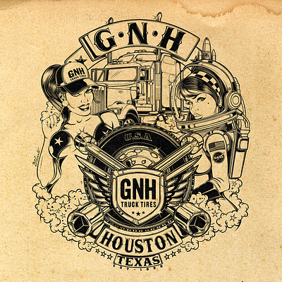 GNH TRUCK TIRES david vicente design digital art houston illustration inking kustom kulture logo nasa pin up texas truck tires trucker