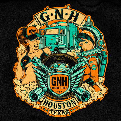 GNH TRUCK TIRES david vicente digital art houston illustration inking kustom kulture logo nasa pin up texas tires trucker