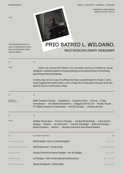 2023 RESUME UPDATE biography brand design creative curriculum vitae designer freelance graphic design layout design multidisciplinary designer open to work portfolio prio satrio professional profile design psl. wildano resume design simple design social media visual identity walk canvas