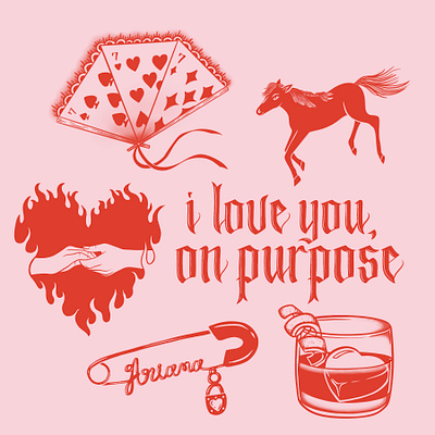I love you, on purpose. cocktail drawing fan flame heart hand drawn hand drawn type hands heart holding hands horse illustration love negroni pink playing cards red safety pin traditional tattoo valentine valentines day