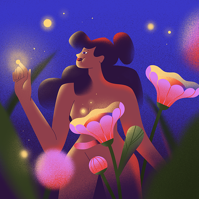Fireflies 2d character design fireflies flowers girl illustration light night procreate spring woman