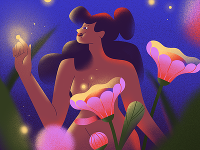 Fireflies 2d character design fireflies flowers girl illustration light night procreate spring woman