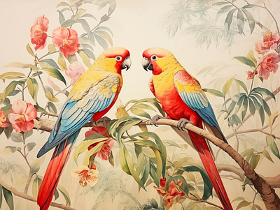 Parrots Tropical illustration birds birds illustration exotic birds illustration parrots tropical vintage drawing wallpaper watercolour