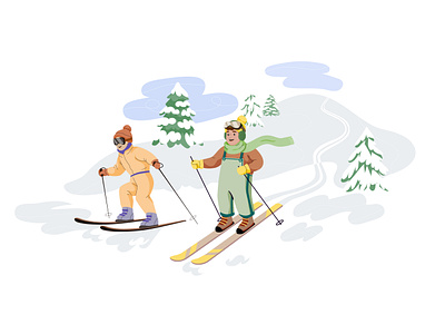 Skiing character children design graphic illustration kids mountain people ski skiing snow vector winter woman