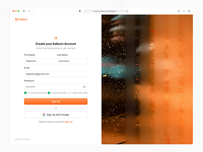 Kalburn - Register Page app apple auth clean component dashboard design landing page login mobile mobile web modal orange saas signin signup ui web white