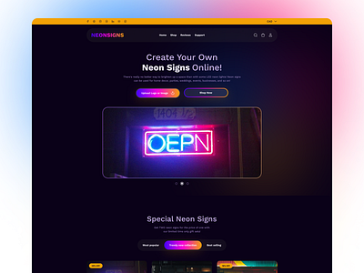 eCommerce website for Neon signs dark color dark mode design gradient graphic design hero section land landing page landing page design neon sign ui ux