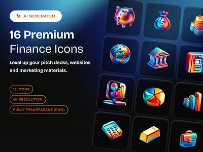 16 Premium Finance Icons 3d atm bank calculator coin credit card finance glossy gold gradient icon illustration machine money money bag pie chart piggy bank premium safe vibrant