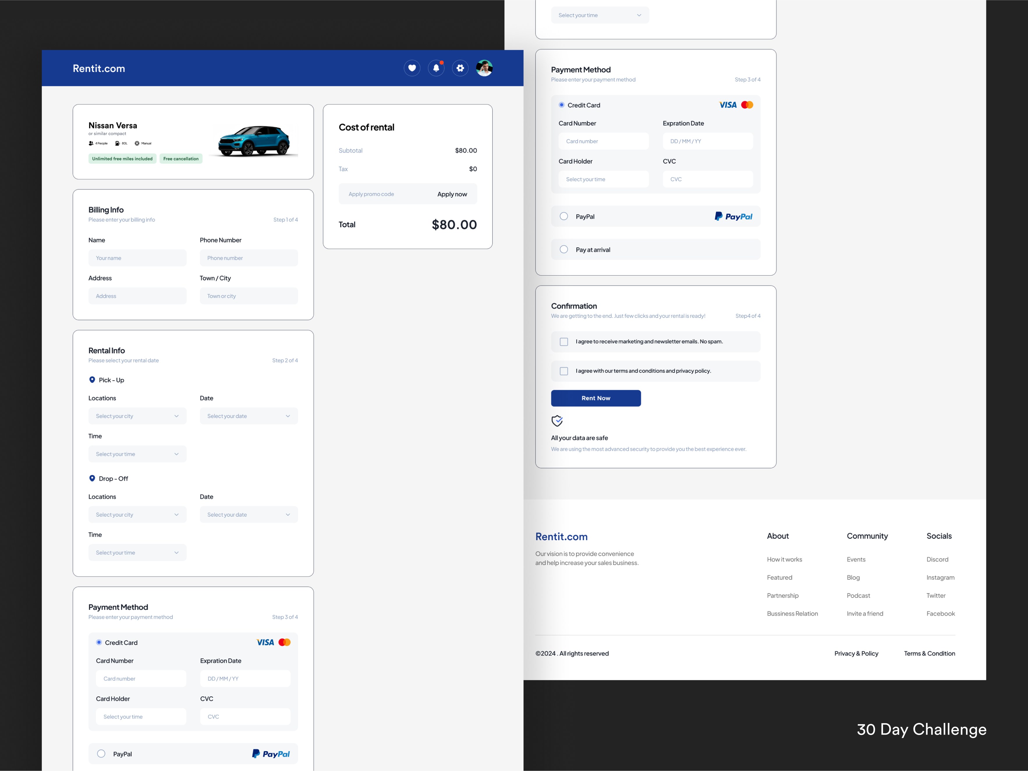 Car Rental Service - Reservation Confirmation Page car rent website car rental car rental service website cars confirmation process payment pickup location rental duration renting reservation details ui web design