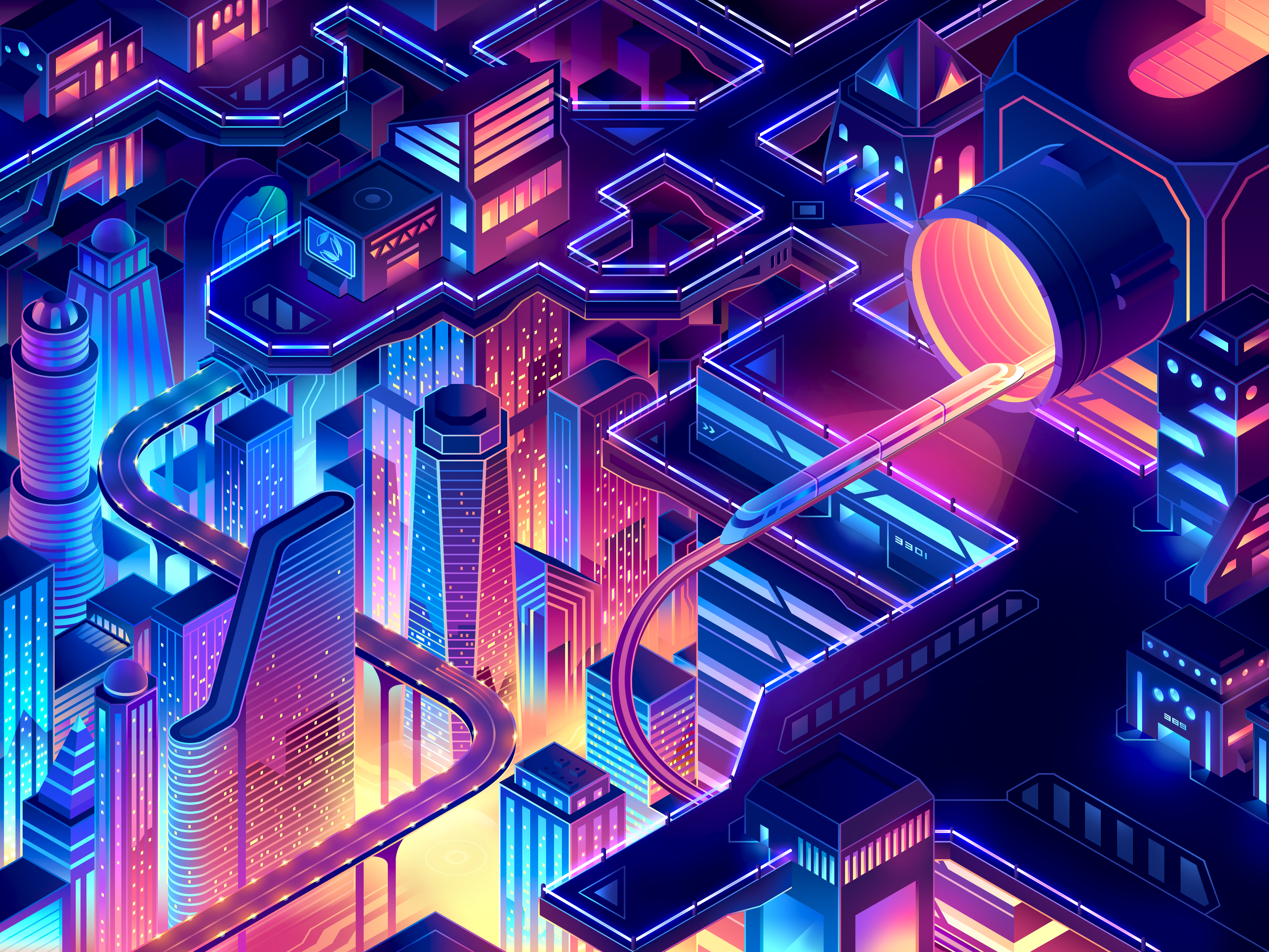Gaming community cover banner city cover cyber design futuristic glow icon illustration isometric minimal neon technology train utopia