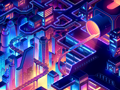 Gaming community cover banner city cover cyber design futuristic glow icon illustration isometric minimal neon technology train utopia