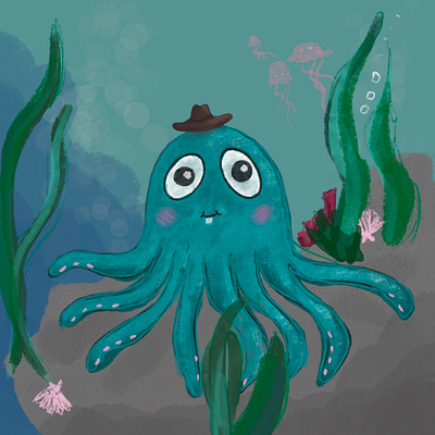 Cartoon illustration for children (Cowboy octopus) cartoon child children coral cowboy digitalillustration illustration jellyfish ocean octopus silly